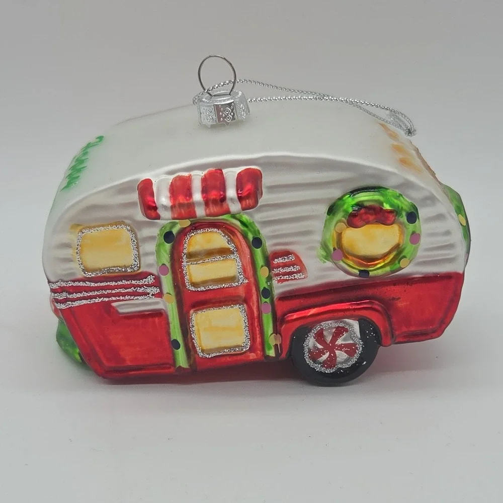 Robert Stanley Happy Camper Travel Trailer RV Blown Glass Christmas Ornament